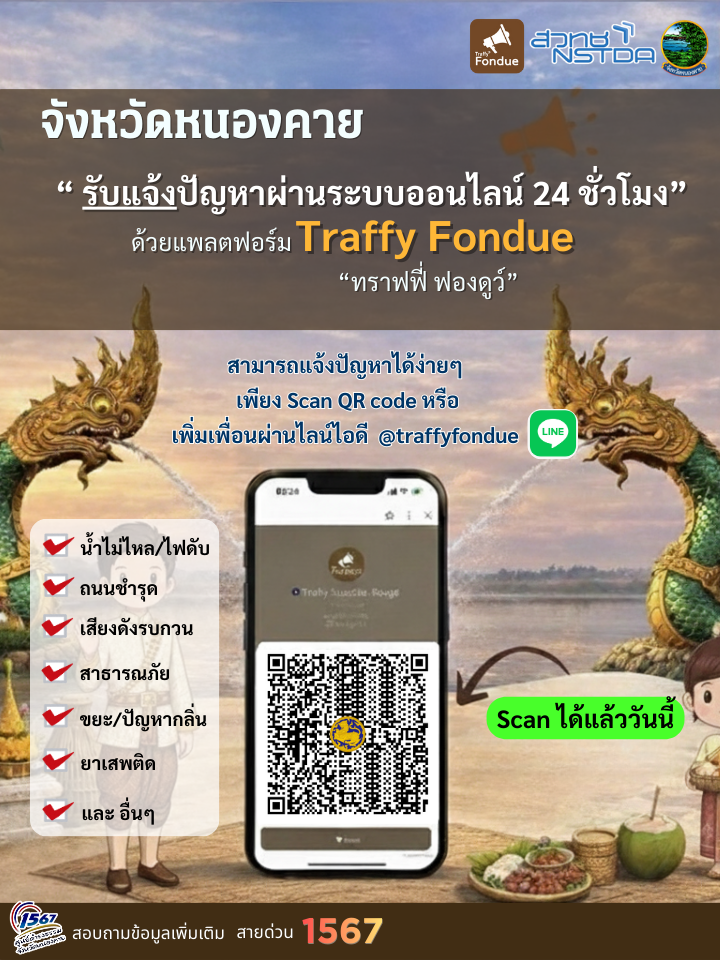 การประชาสัมพันธ์ช่องทางแจ้งเรื่องร้องเรียนร้องทุกข์และปัญหาความเดือดร้อนของประชาชน ผ่านแอปพลิเคชั่น Traffy Fondue ของจังหวัดหนองคาย