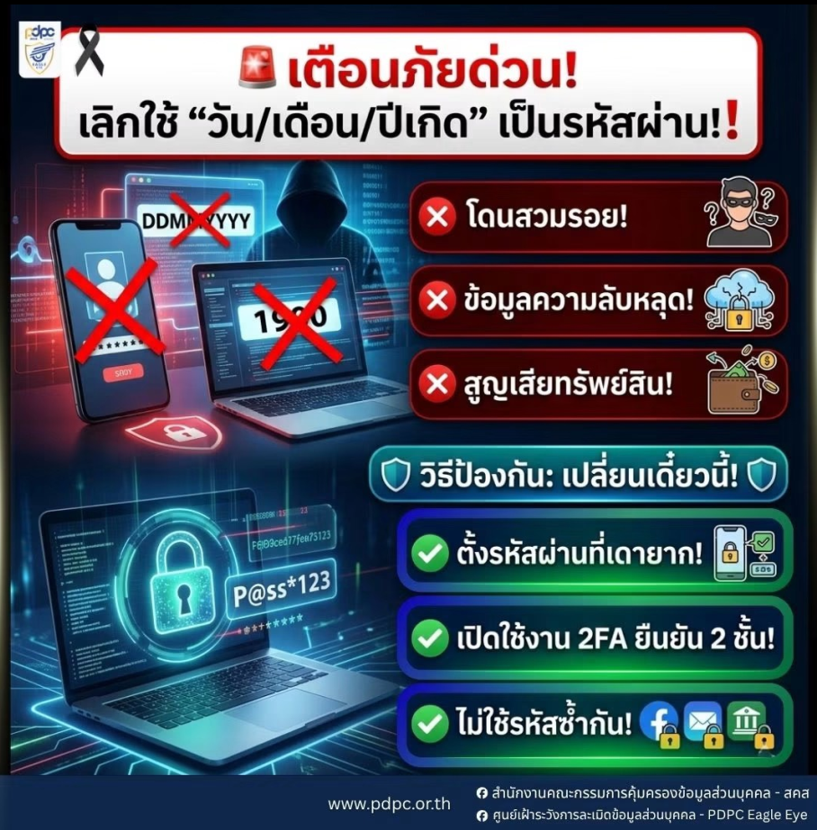 ประชาสัมพันธ์การป้องกันภัยทางไซเบอร์  ด้วยปัจจุบันภัยคุกคามทางไซเบอร์และการหลอกลวงทางออนไลน์มีแนวโน้มเพิ่มขึ้น การรักษาความปลอดภัยของบัญชีผู้ใช้งานและข้อมูลส่วนบุคคลจึงเป็นสิ่งสำคัญ